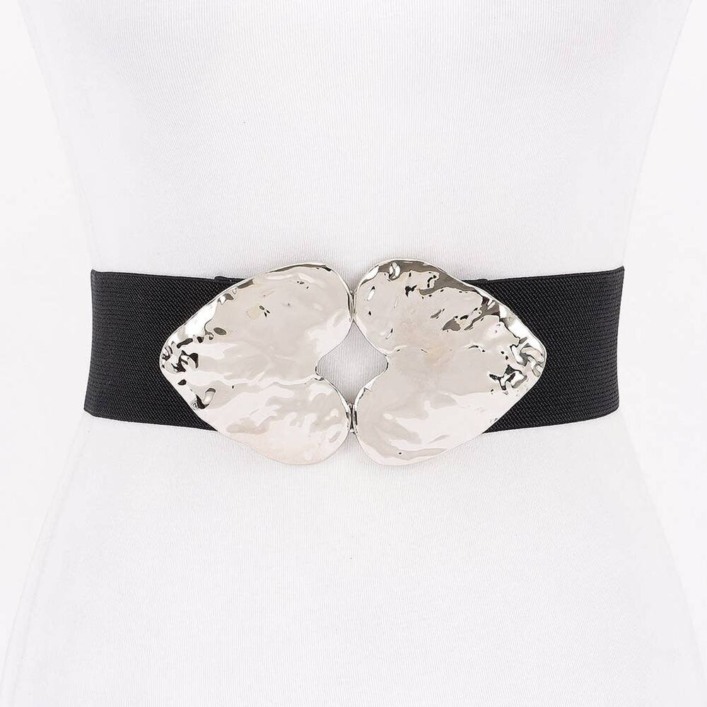 Black Silver Double Heart Buckle Stretch Belt
